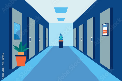 Long empty interior corridor of a hospital building with a door and light