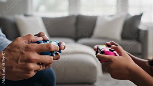 Family playing video games in living room at home, showing their game controllers. Video games provide entertainment and engagement for loved ones at home. With video games,