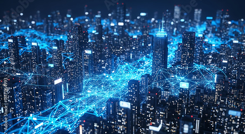 City of Connectivity: A vibrant cityscape pulses with digital life, illuminated by a web of interconnected data streams that weave through a forest of towering skyscrapers.