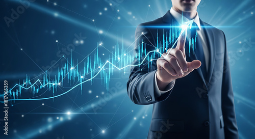 Financial Mastery: A distinguished figure in a business suit elegantly interacts with a holographic representation of the stock market, symbolizing financial acumen and market analysis.
