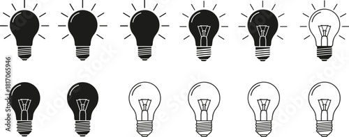Light bulb transformation icon set showing illuminated and unlit states, symbolic vector design for ideas, energy, and evolution concepts.