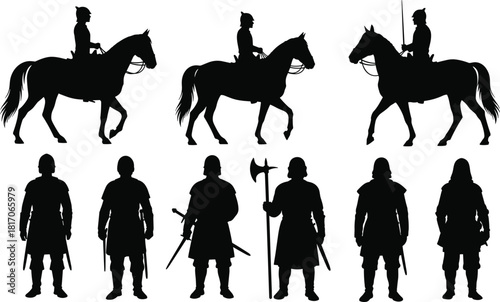 Medieval soldier and knight silhouette set with mounted warriors and weapons in black vector style for historical and fantasy design.