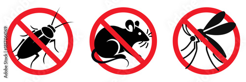 Black silhouette of insect pests . Stop insects sign. Mosquito, rat, cockroach in red forbidding circle, flea insect. vector