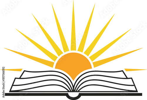 Open book with rising sun rays in black and white line art, symbolizing education, enlightenment, growth, and intellectual inspiration.