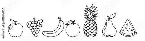 Line fruits on a white background. Continuous line echo pineapple banana, citrus fruit, pear and graphe, trends monoline healtii food. Editable stroke