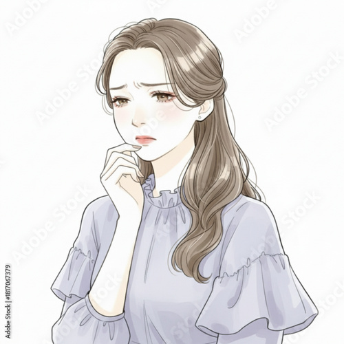 Young woman with worried expression isolated on white background