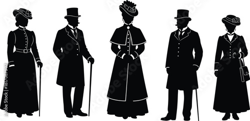 Victorian-era fashion silhouette set with men and women in historical dress, top hats, canes, and accessories in black vector style.