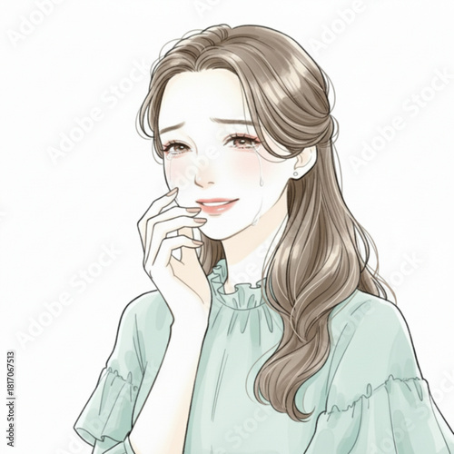 Beautiful woman crying tears of joy or sadness isolated on white background