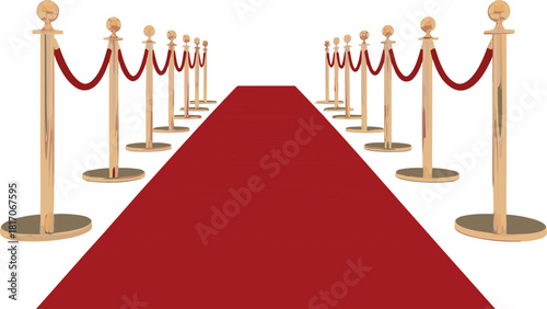 Long Red Carpet and Gold Stanchions, VIP Event or Award Ceremony Walkway, Luxury Premiere Scene Vector Illustration on White Background.