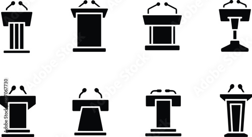 Set of Eight Black Podium and Rostrum Silhouettes, Different Styles of Tribune Stands with Microphones, Speech Platform Icon Vector Collection.