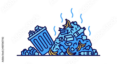 Overflowing garbage with banana peels and plastic bottles in blue outline