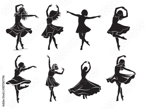 Dancing woman silhouette illustration different pose and dress style 