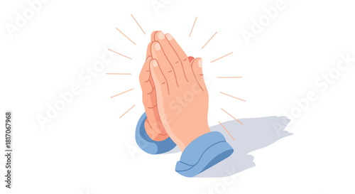 Praying hands in flat design with light rays on white background