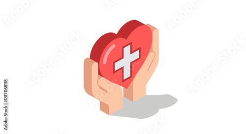 Isometric hands holding heart with health cross symbol on white background