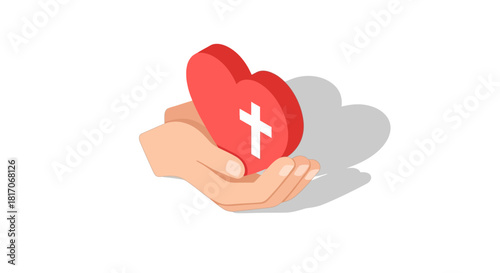 Isometric hand holding heart with cross symbolizing care and support