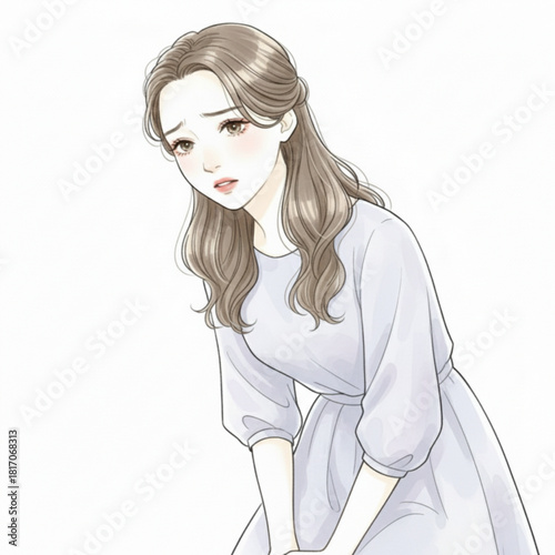 Sad young woman with brown hair wearing a light blue dress isolated on white background
