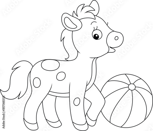 Cute little foal playing with a striped ball, black and white outline vector cartoon illustration for a coloring book