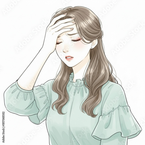 Young woman holding her forehead in pain isolated on white background