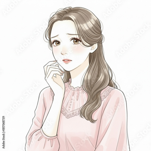 Young woman with worried expression touching her chin isolated on white background