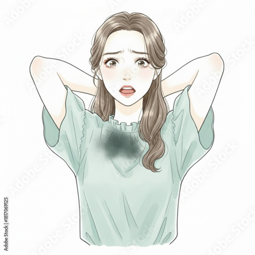 Woman with sweat stain on shirt looking distressed isolated on white background