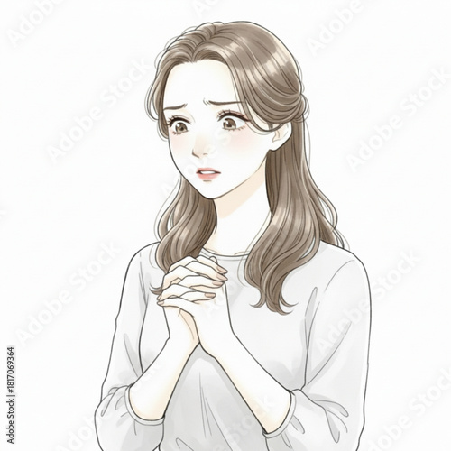 Young woman with worried expression and clasped hands isolated on white background