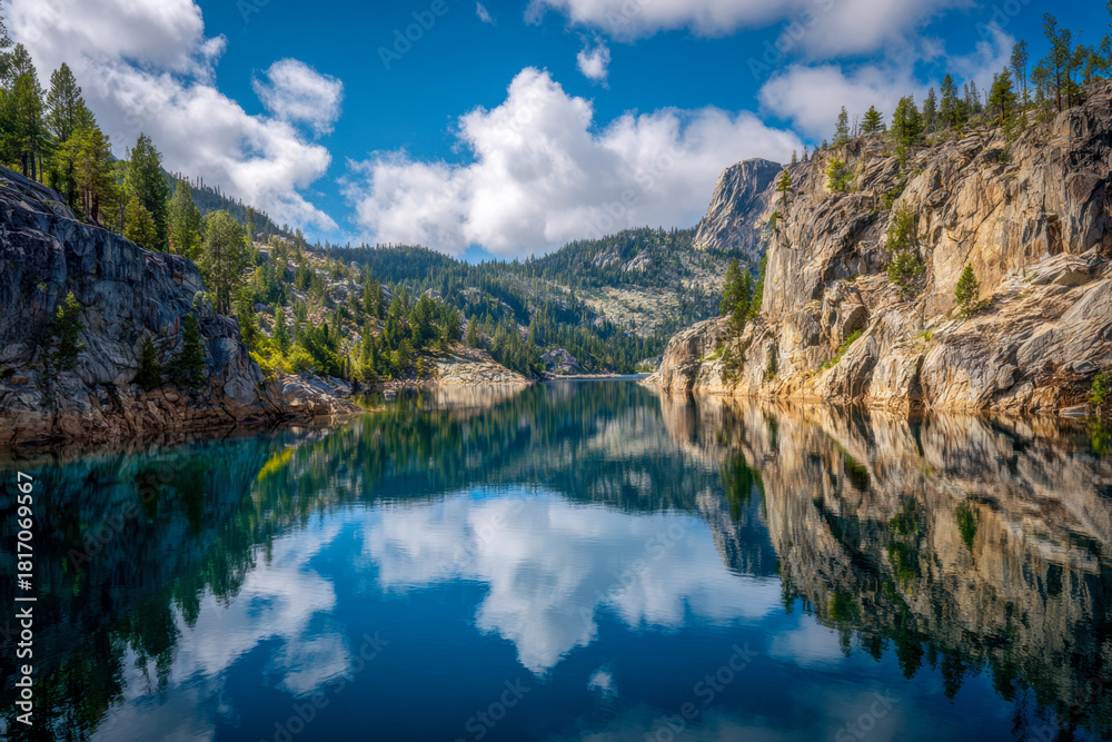 Fototapeta premium Tranquil mountain lake surrounded by rugged rocky cliffs and dense pine forests reflecting fluffy white clouds in clear blue water under a bright sky