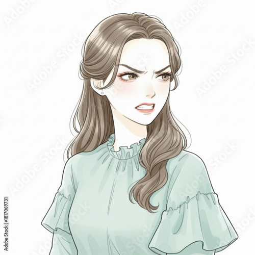 Anime style woman with angry expression isolated on white background