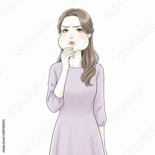 Woman with puffed cheeks thinking with a frown isolated on white background