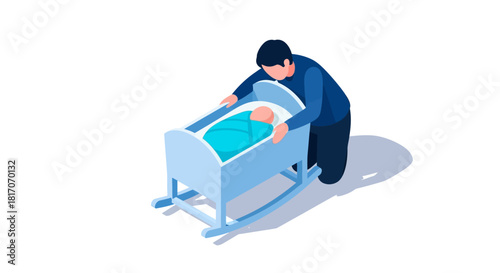 Young father cares for newborn in wooden cradle