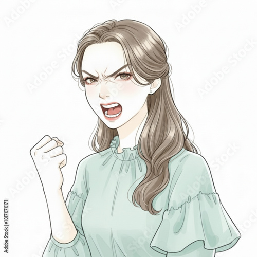 Young woman with angry expression and fist raised isolated on white background