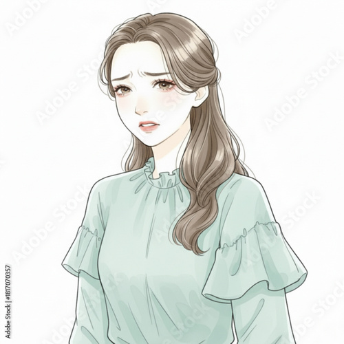 Sad young woman with brown hair and a light green blouse isolated on white background