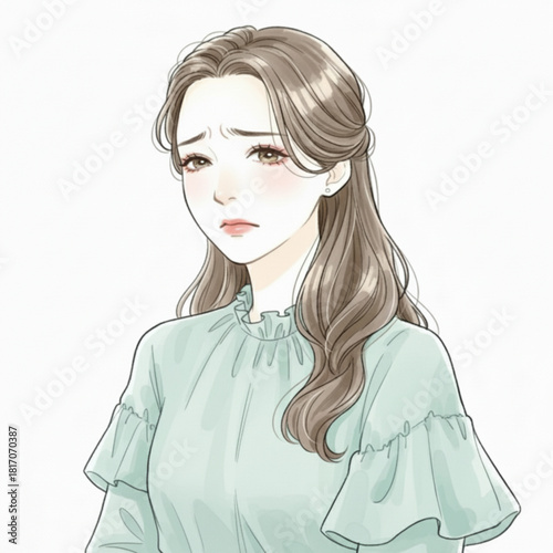 Sad young woman with worried expression isolated on white background