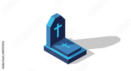 Isometric blue grave with cross on white background