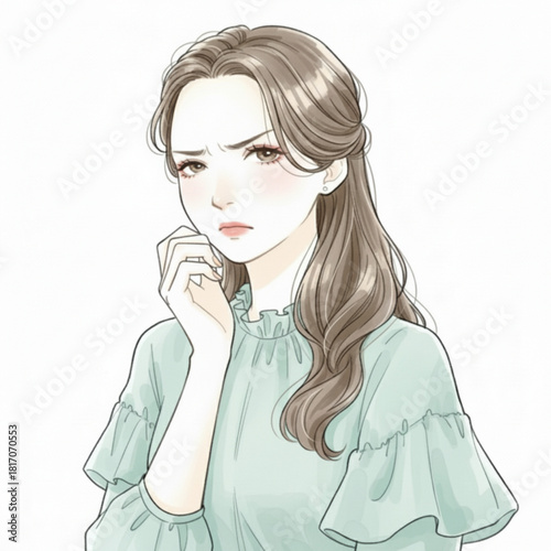 Young woman with worried expression and hand on chin isolated on white background