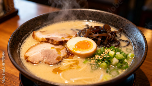 A close-up shot of steaming Japanese tonkotsu ramen featuring a rich, creamy broth, tender chashu pork slices, soft-boiled ajitama egg, fresh green onions, sesame seeds, and wood ear mushrooms, served