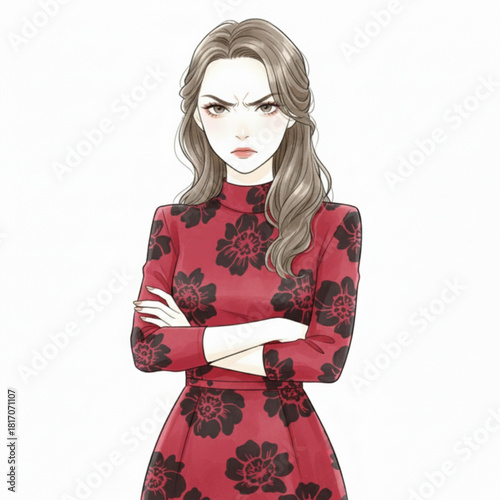 Illustration of an angry woman with arms crossed isolated on white background