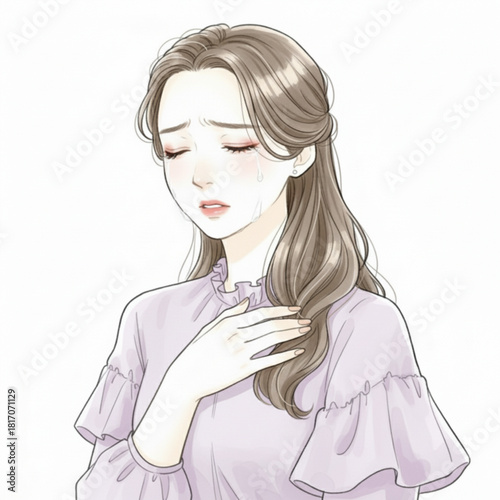 Young woman crying with tears on her face isolated on white background