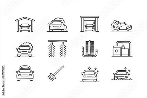 Auto wash and detailing vector icon collection with clean line art symbols