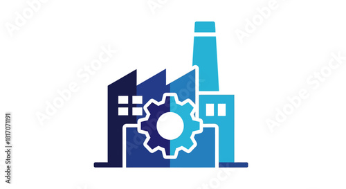 Industrial factory icon with gear in blue geometric silhouette design