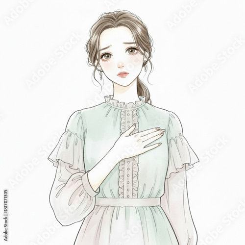 Young woman with hand on chest looking sad isolated on white background