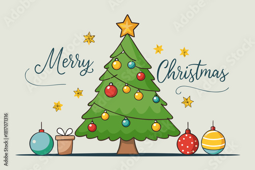 Festive merry christmas greeting card featuring a decorated evergreen tree with ornaments and a star topper