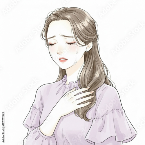 Illustration of a young woman crying with tears rolling down her face isolated on white background