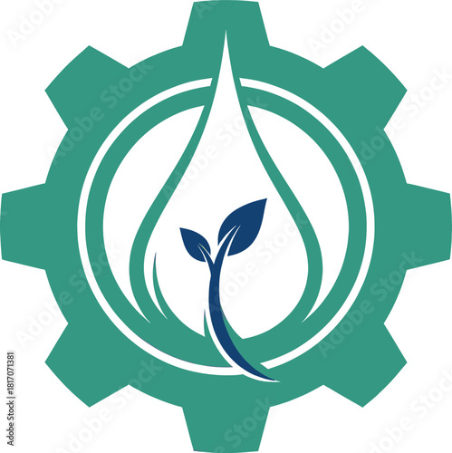 Green gear with water drop and sprout, representing sustainable industry, ecofriendly technology, and environmental conservation