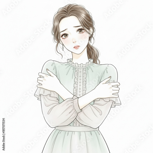 Young woman hugging herself looking worried isolated on white background