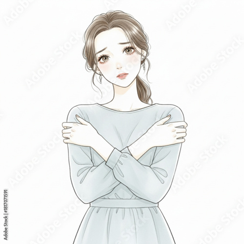 Young woman with arms crossed looking sad isolated on white background