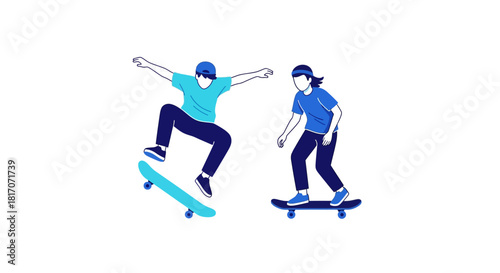 Dynamic duo performing skateboard tricks in minimalist style