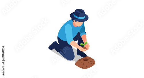 Gardener planting seedling in isometric style