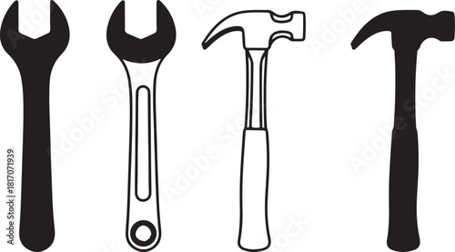 Collection of Silhouetted and Outline Hand Tools Including Wrenches and Hammers wrench open end wrench hammer claw hammer tool kit DIY
