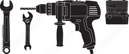 Detailed Black Silhouettes of a Drill Wrench Toolbox and Adjustable Wrench