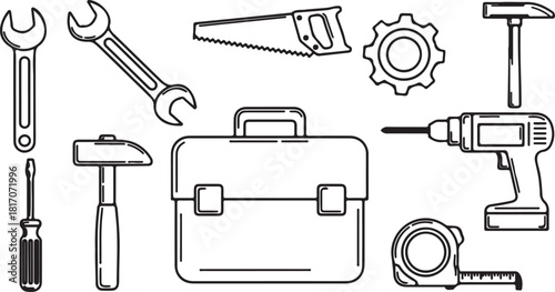 Diverse Set of Hand Tools Including Wrenches Hammer Screwdriver Saw Drill and Toolbox wrench adjustable wrench open end wrench hammer